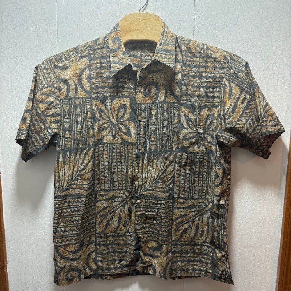 Tori Richard Mens Cotton Lawn Hawaii Shirt L Tribal Batik Floral 0300 6390 Brown